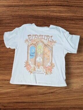 Rip Curl White Short Sleeve Tee with Pastel Sunset Arch Graphic